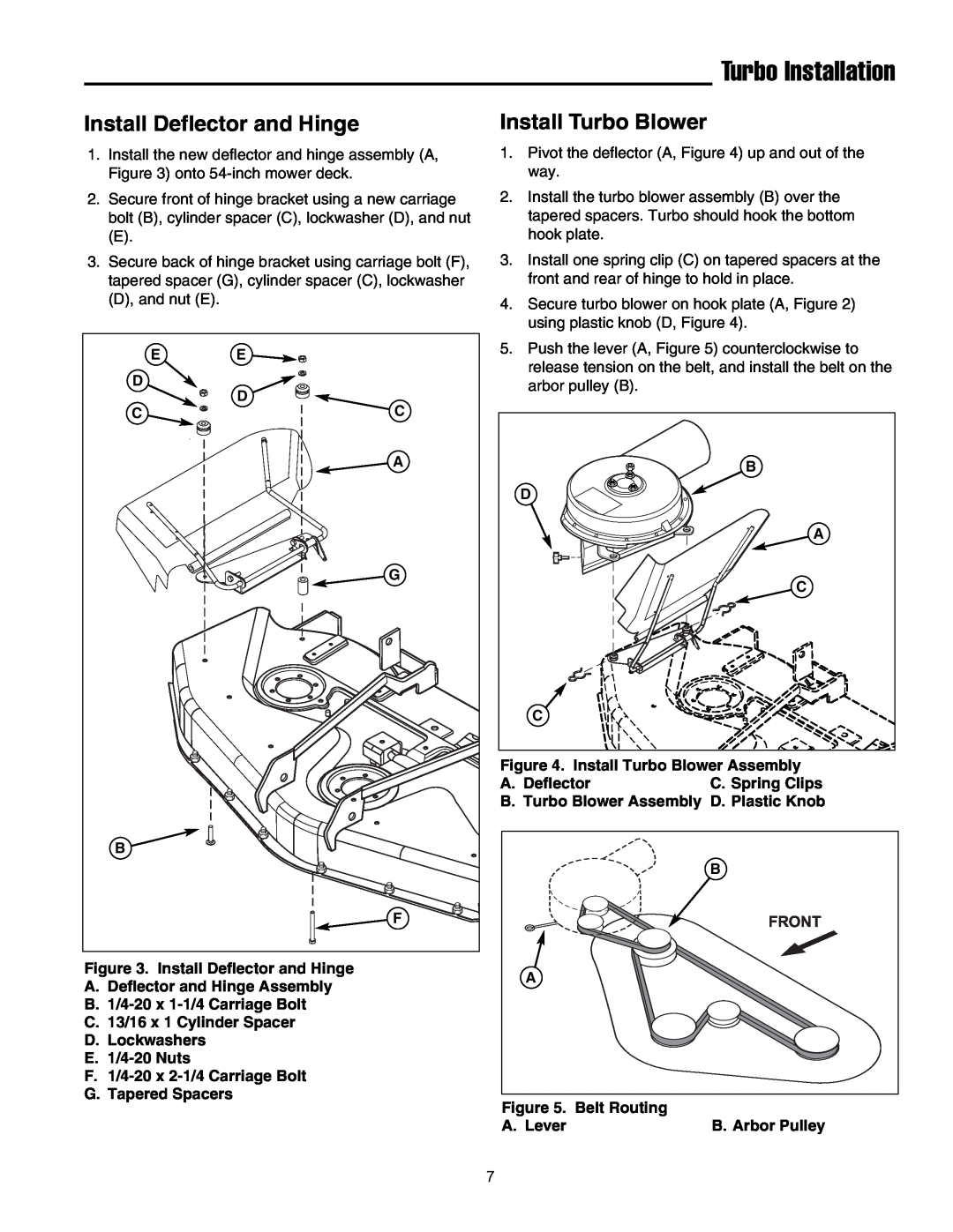 Snapper 1695464 manual Install Deflector and Hinge, Install Turbo Blower, Turbo Installation, Front 