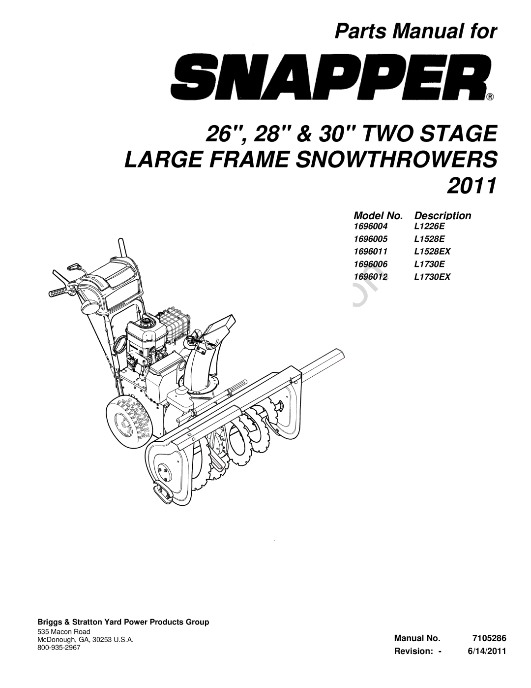 Snapper 1696011, 1696006, 1696004, 1696005 manual OtReporfroduction1696012 