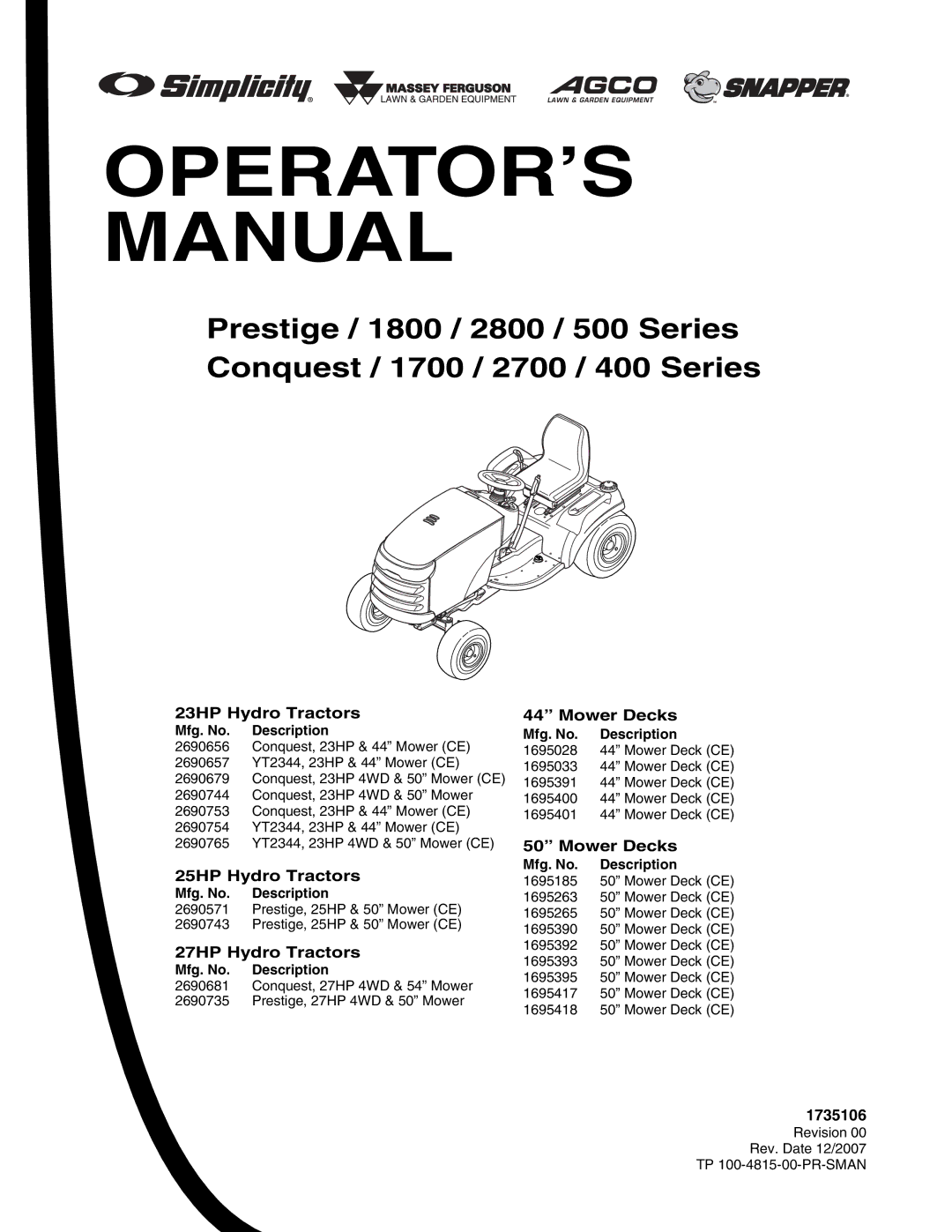 Snapper 1700, 2700, 400 manual 23HP Hydro Tractors Mower Decks, 25HP Hydro Tractors, 27HP Hydro Tractors, 1735106 