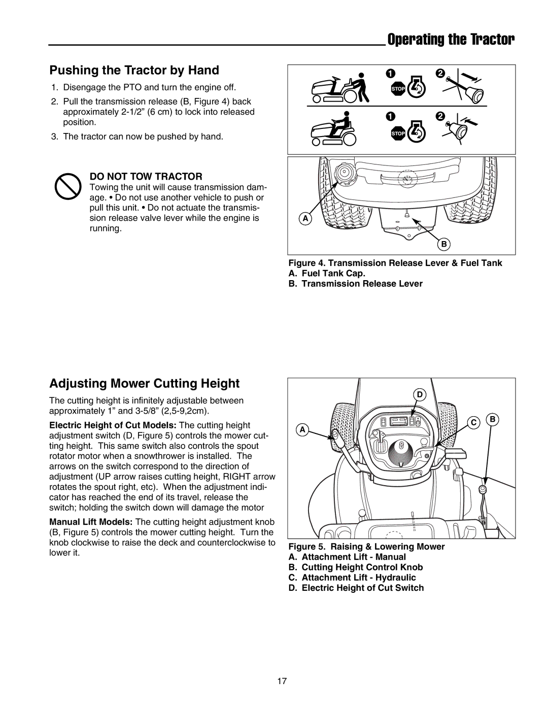 Snapper 1700, 2700, 400 manual Pushing the Tractor by Hand, Adjusting Mower Cutting Height 