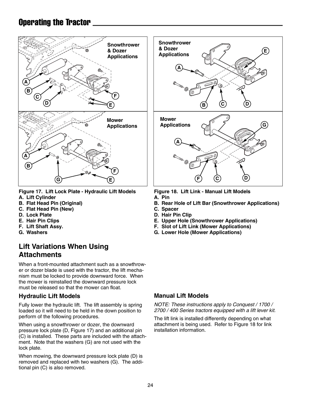 Snapper 1700, 2700, 400 manual Lift Variations When Using Attachments, Hydraulic Lift Models, Manual Lift Models 