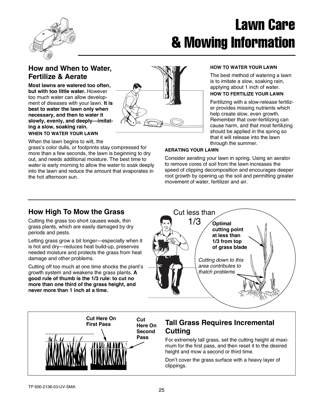 Snapper 1700, 2700, 400 manual How and When to Water, Fertilize & Aerate, How High To Mow the Grass 