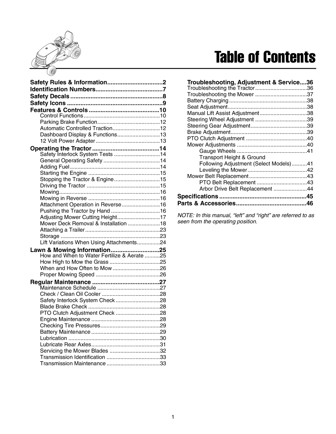 Snapper 1700, 2700, 400 manual Table of Contents 