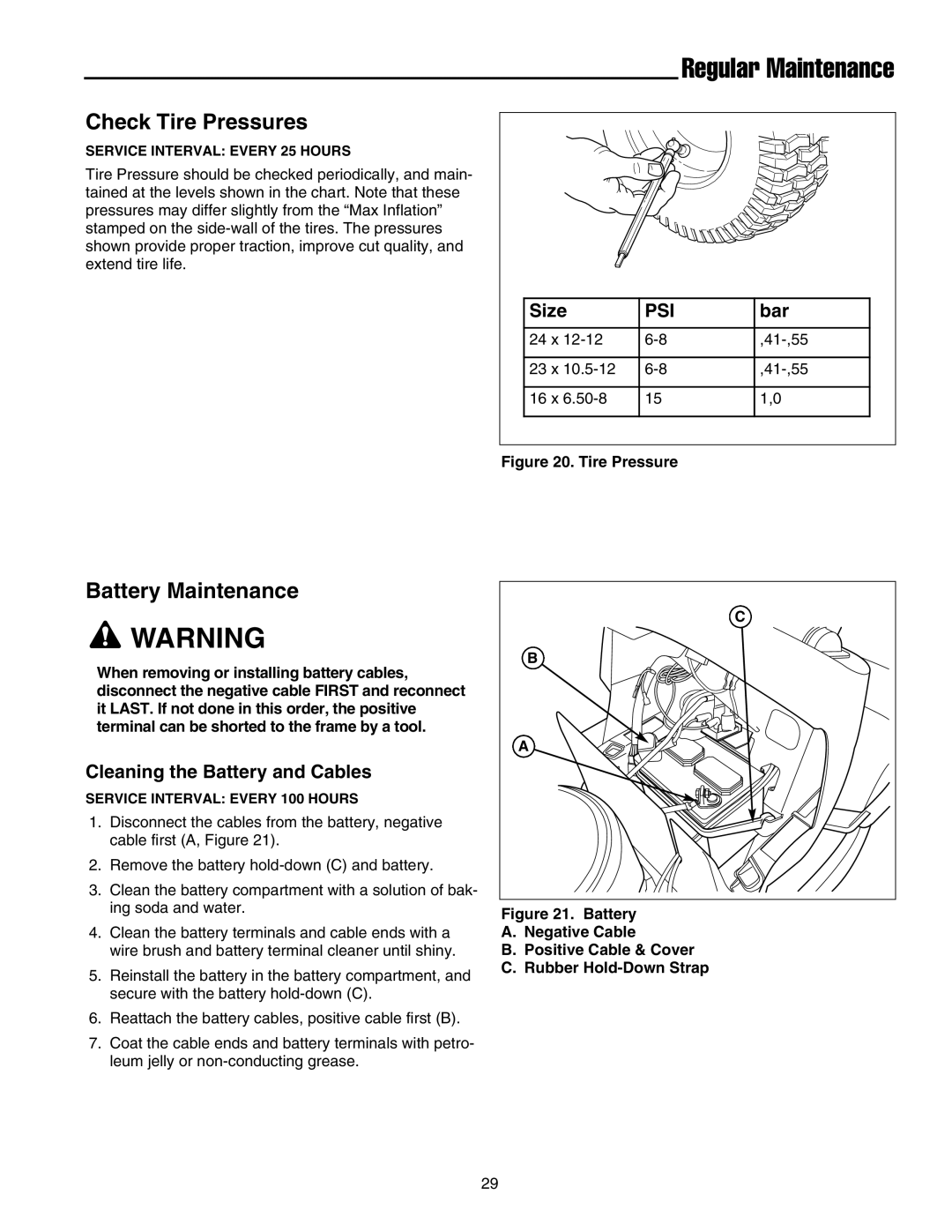 Snapper 1700, 2700, 400 manual Check Tire Pressures, Battery Maintenance, Size, Bar, Cleaning the Battery and Cables 