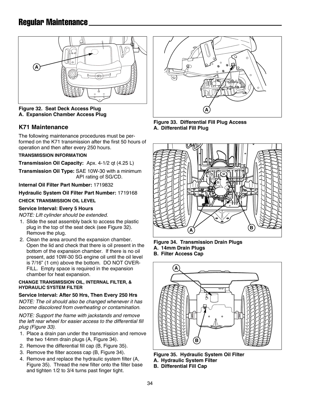 Snapper 1700, 2700, 400 K71 Maintenance, Transmission Oil Capacity Apx -1/2 qt 4.25 L, Service Interval Every 5 Hours 