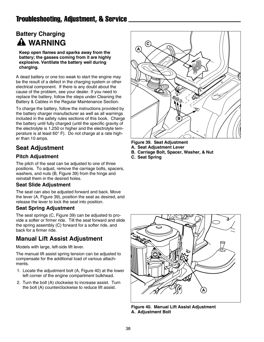 Snapper 1700, 2700, 400 manual Battery Charging, Seat Adjustment, Manual Lift Assist Adjustment 