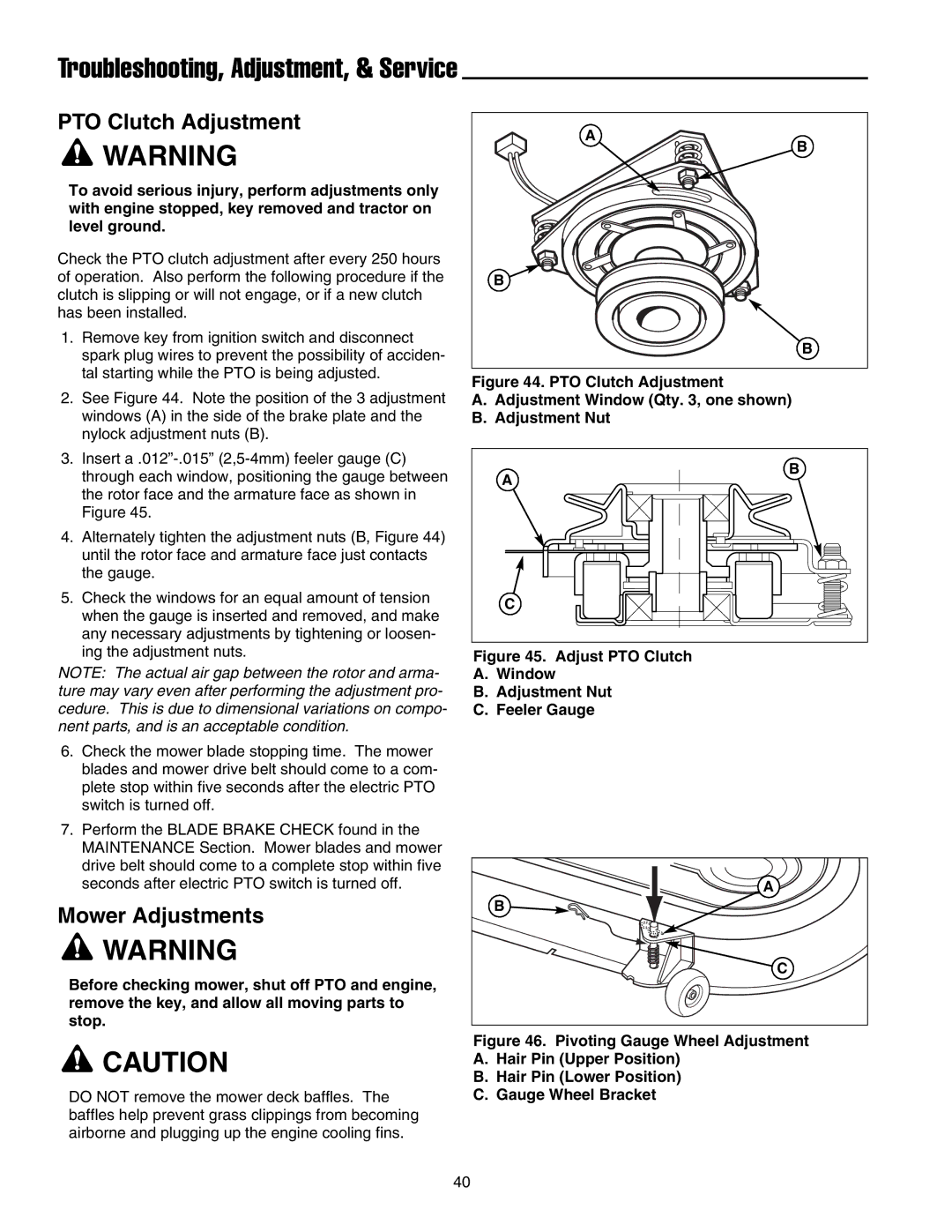 Snapper 1700, 2700, 400 manual PTO Clutch Adjustment, Mower Adjustments 