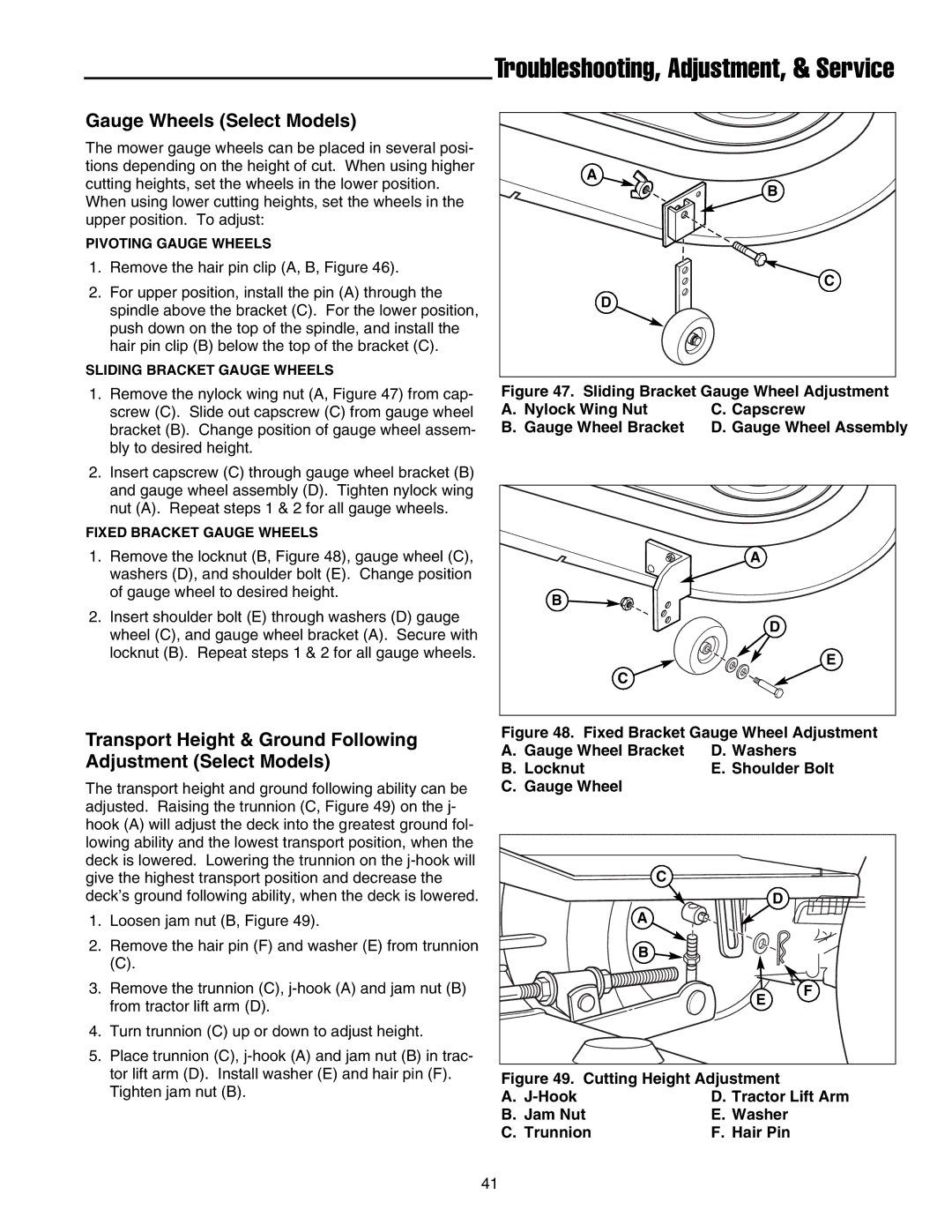 Snapper 1700, 2700, 400 manual Gauge Wheels Select Models, Transport Height & Ground Following Adjustment Select Models 