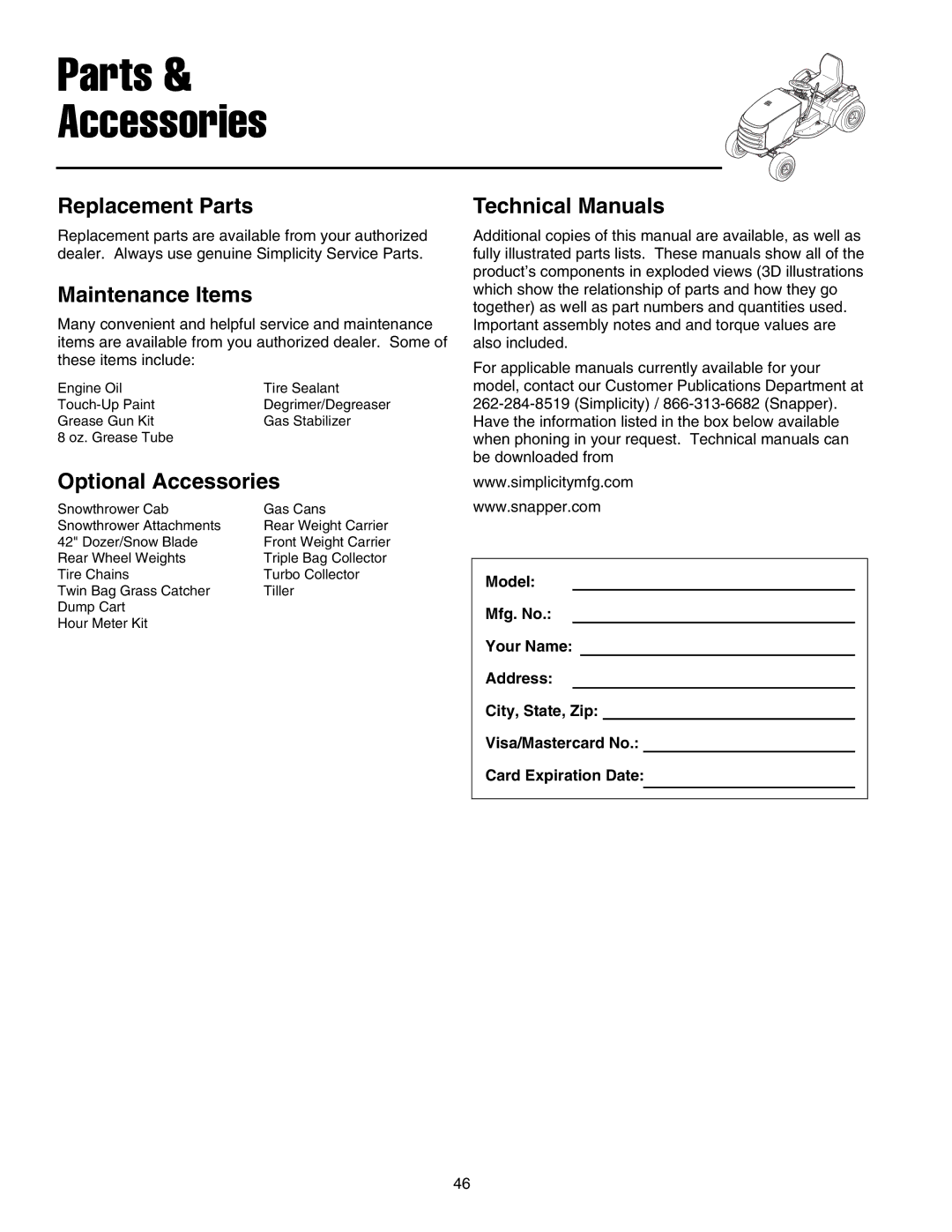 Snapper 1700, 2700, 400 manual Replacement Parts, Maintenance Items, Technical Manuals, Optional Accessories 