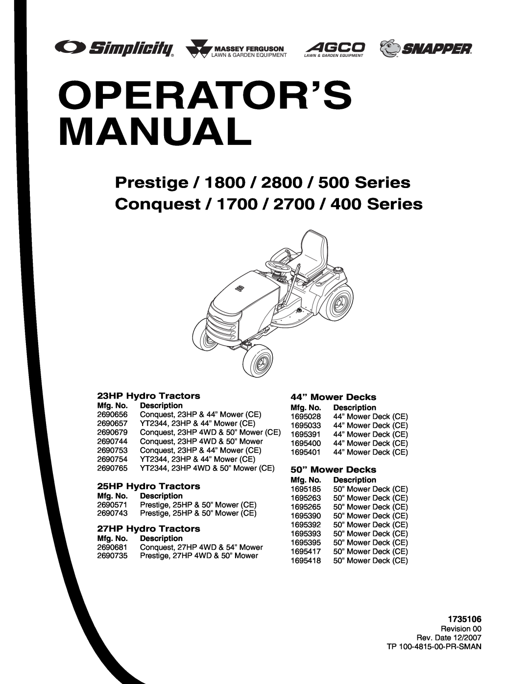 Snapper 1700, 2700, 400 manual Prestige / 1800 / 2800 / 500 Series, Conquest / 1700 / 2700 / 400 Series, Operator’S Manual 