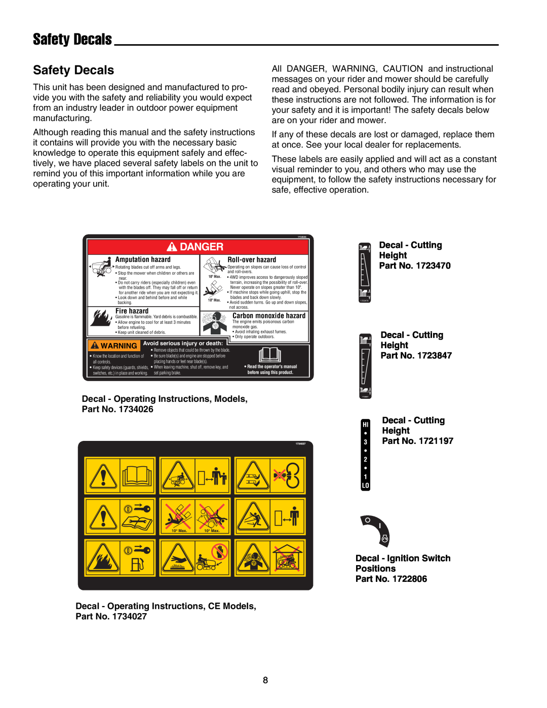 Snapper 1700, 2700, 400 manual Safety Decals, Danger, Decal - Operating Instructions, Models, Decal - Cutting Height 