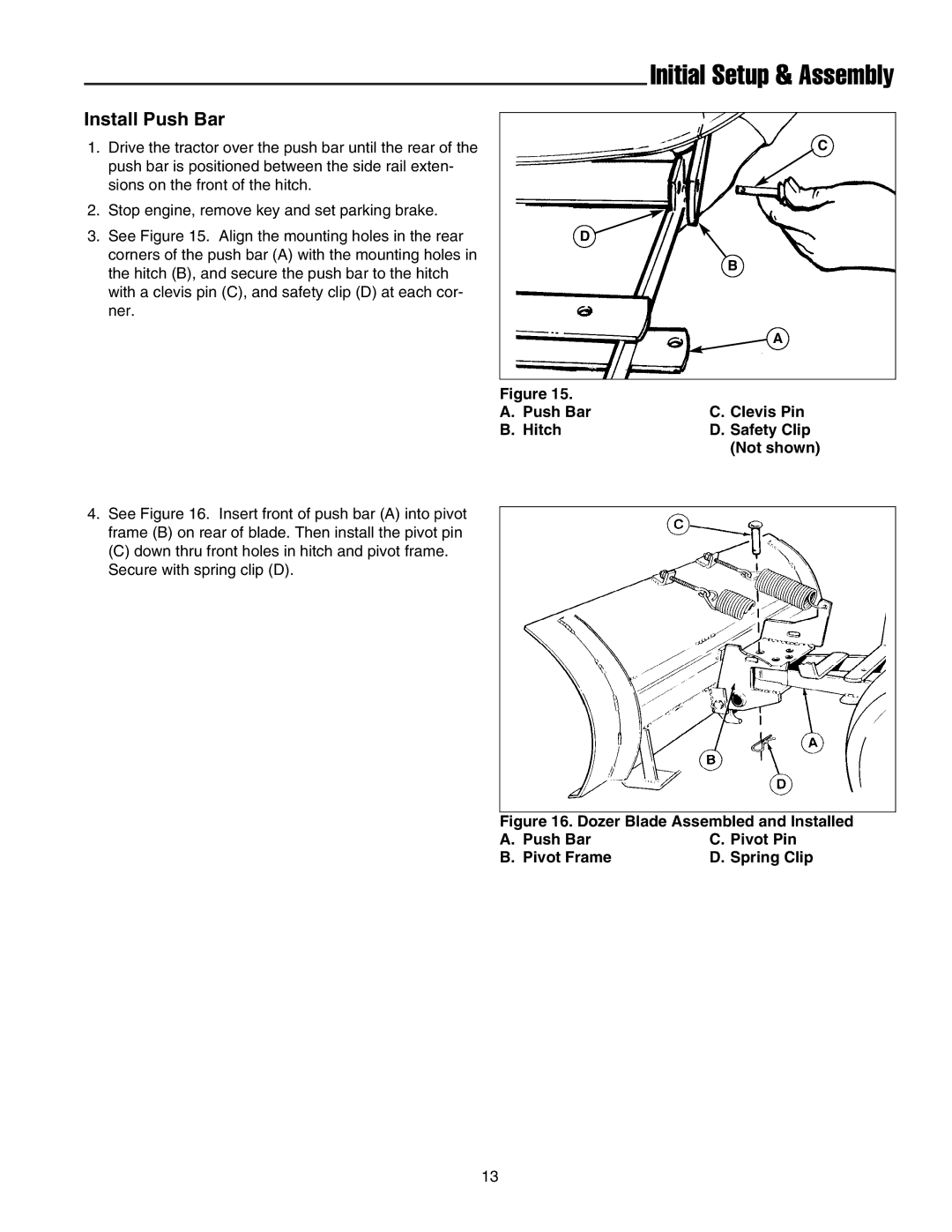 Snapper 1721301-02, 1693755 manual Install Push Bar, Push Bar Clevis Pin Hitch Safety Clip Not shown 