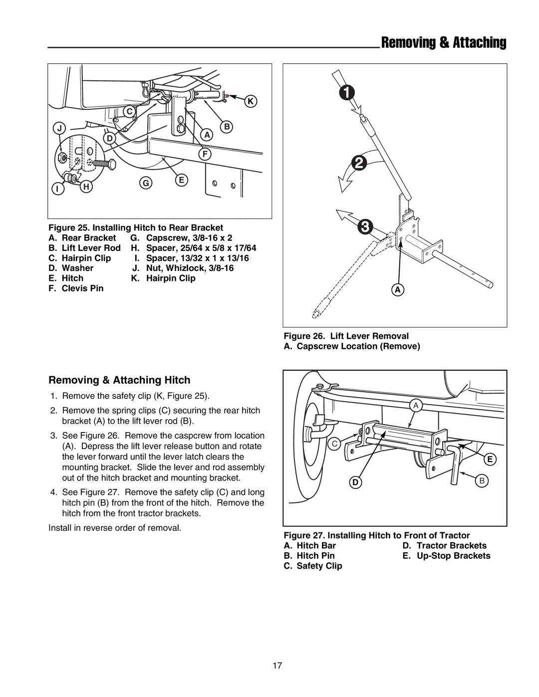 Snapper 1721301-02, 1693755 manual Removing & Attaching Hitch 