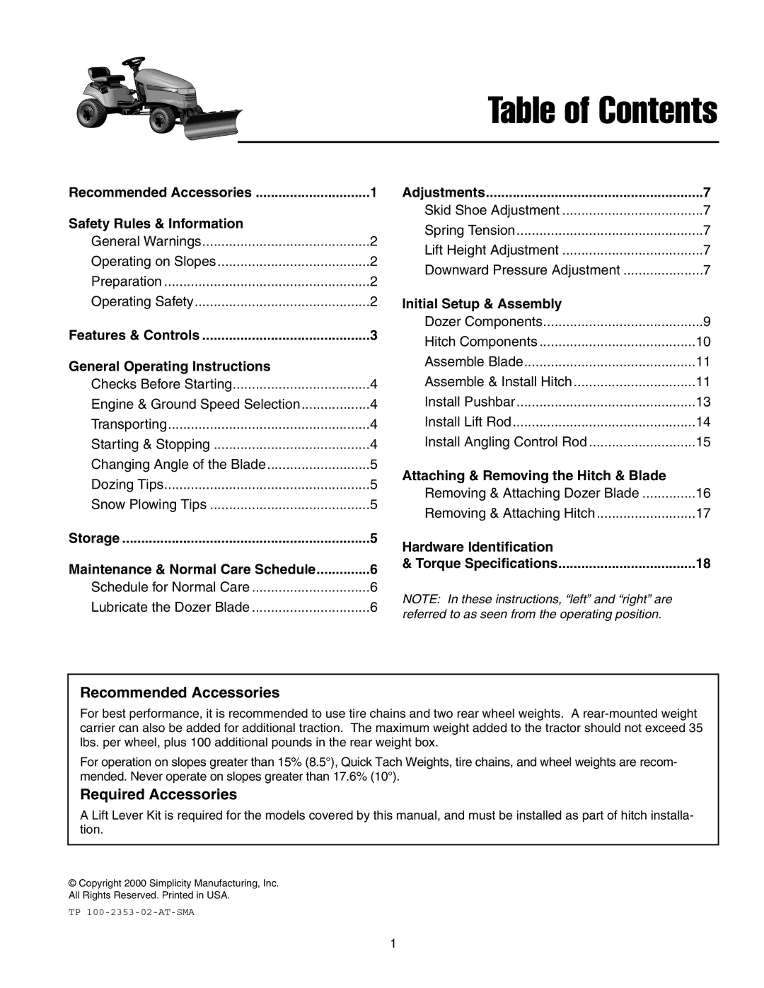 Snapper 1721301-02, 1693755 manual Table of Contents 