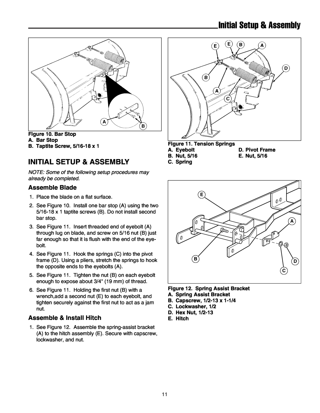 Snapper 1721301-02, 1693755 manual Initial Setup & Assembly, Assemble Blade, Assemble & Install Hitch 
