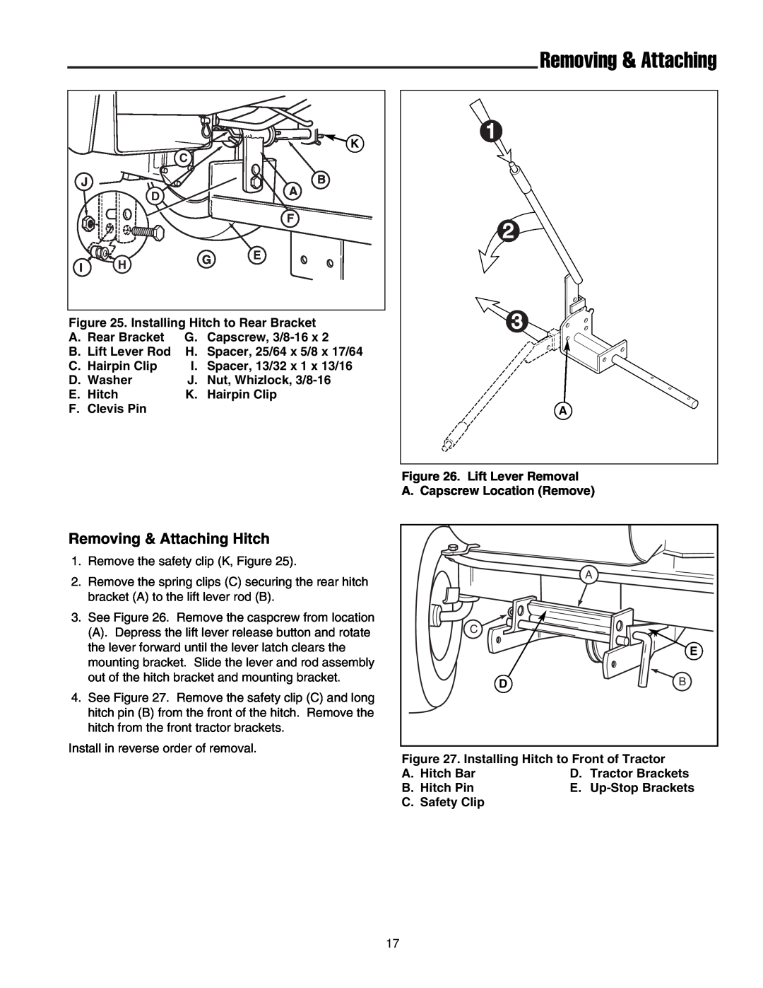 Snapper 1721301-02, 1693755 manual Removing & Attaching Hitch 