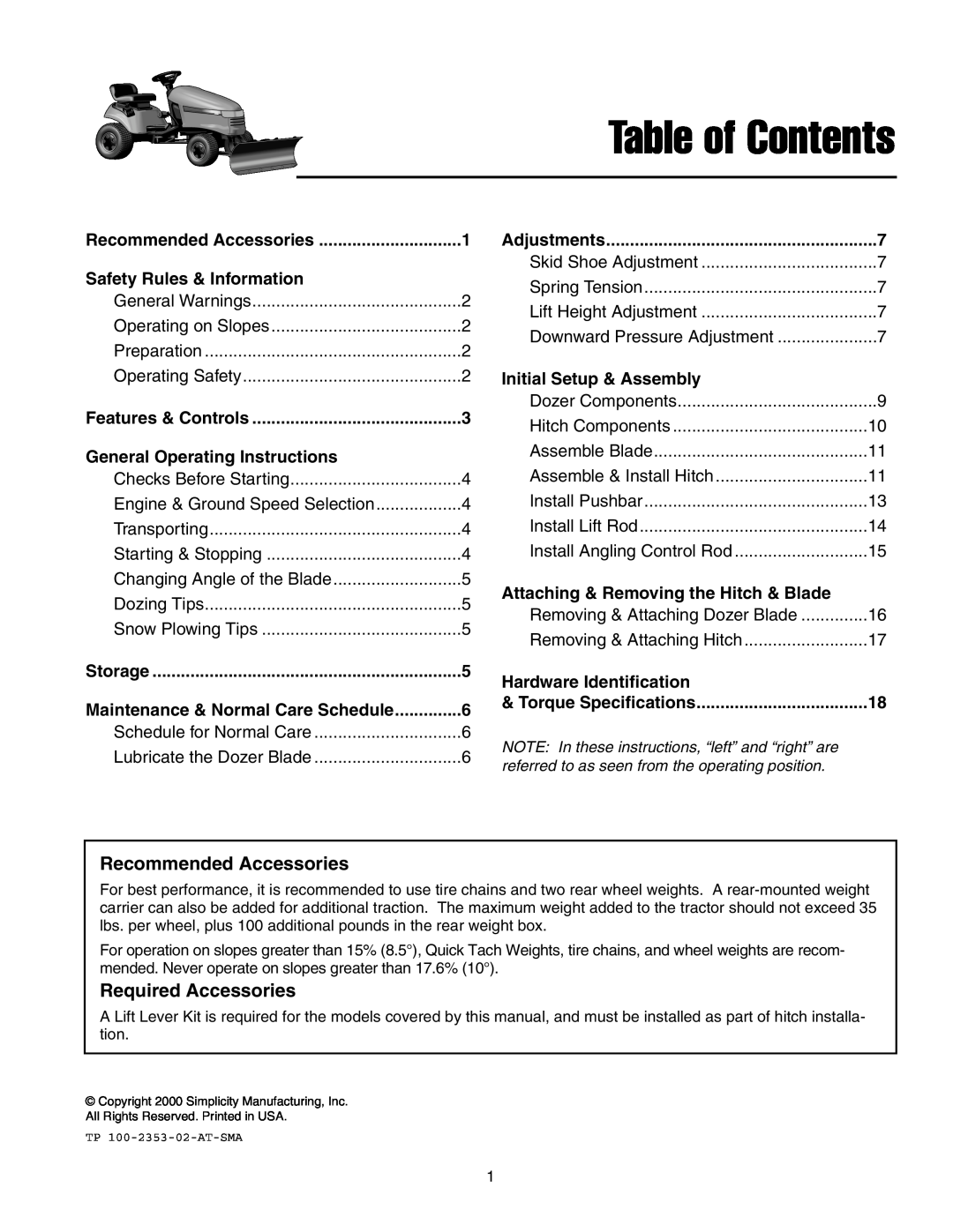 Snapper 1721301-02 Recommended Accessories, Required Accessories, Safety Rules & Information, Storage, Table of Contents 