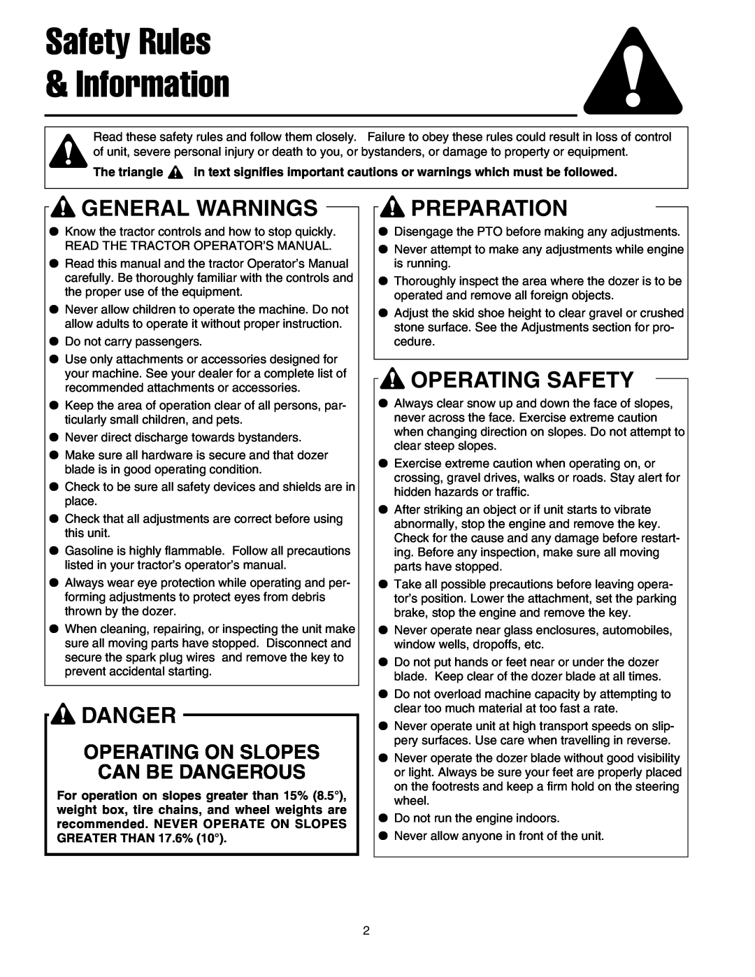 Snapper 1693755, 1721301-02 manual Safety Rules Information, General Warnings, Danger, Preparation, Operating Safety 