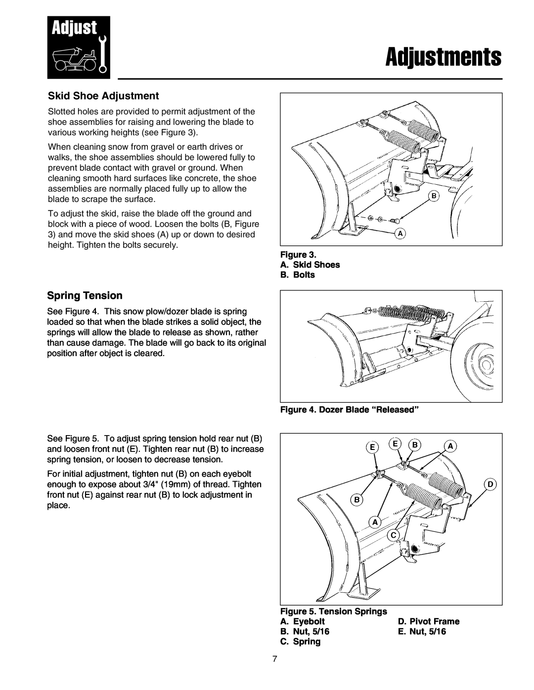 Snapper 1721301-02, 1693755 manual Adjustments, Skid Shoe Adjustment, Spring Tension 