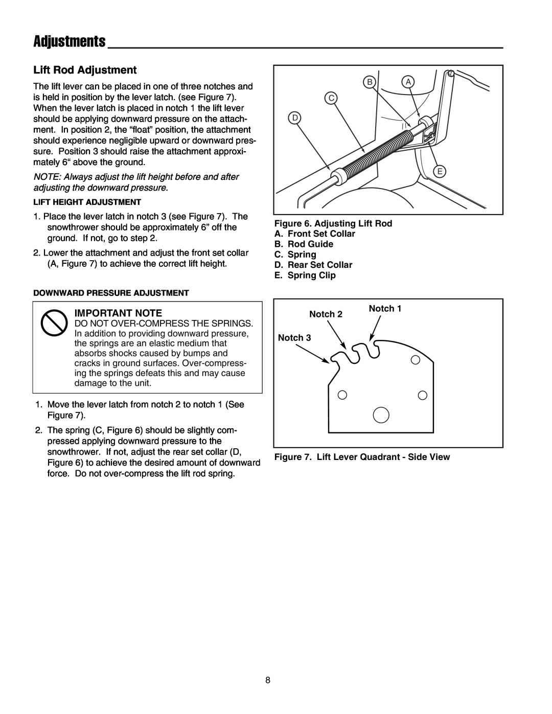 Snapper 1693755, 1721301-02 manual Adjustments, Lift Rod Adjustment, Important Note 