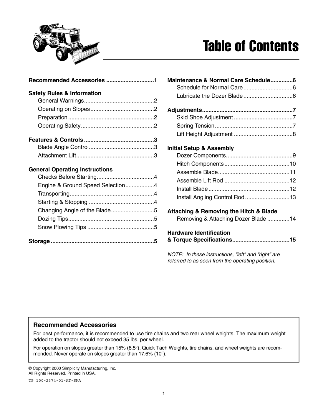 Snapper 1721303-01 manual Table of Contents 