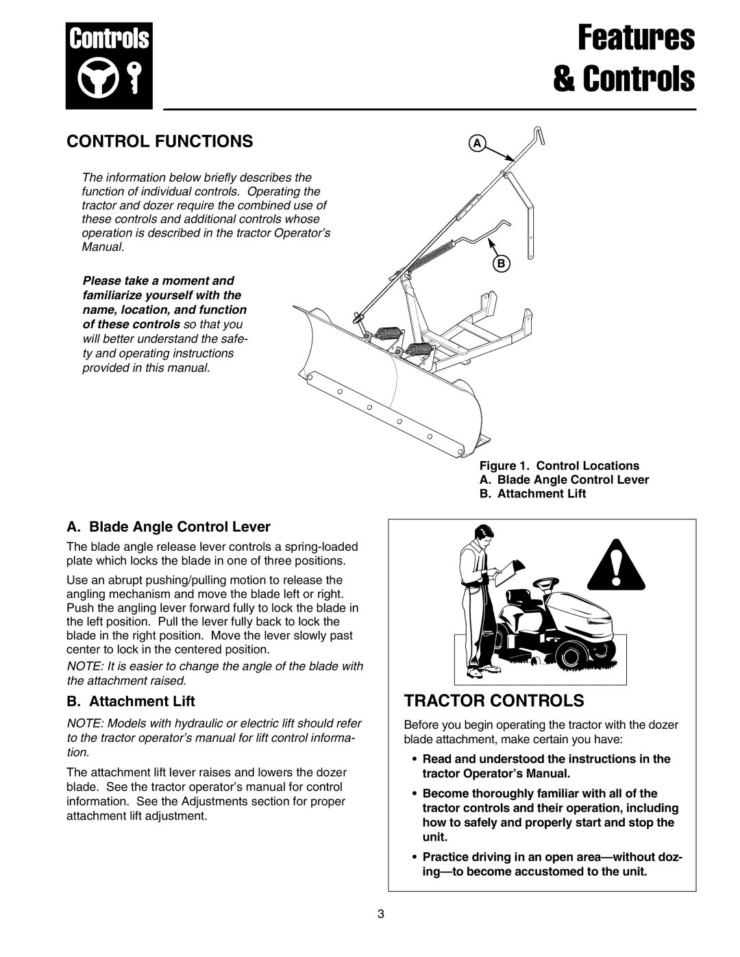 Snapper 1721303-01 manual Features Controls, Blade Angle Control Lever, Attachment Lift 