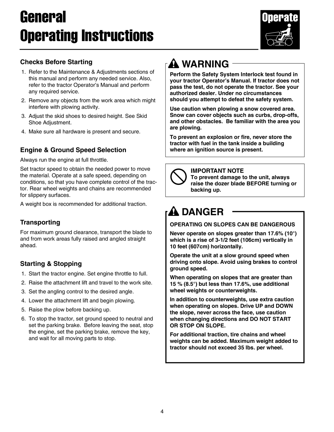 Snapper 1721303-01 General Operating Instructions, Checks Before Starting, Engine & Ground Speed Selection, Transporting 