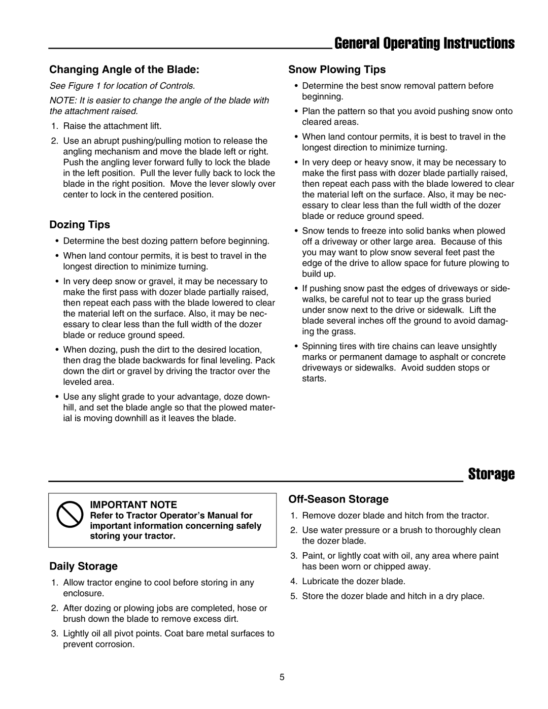 Snapper 1721303-01 manual Changing Angle of the Blade, Dozing Tips, Snow Plowing Tips, Daily Storage, Off-Season Storage 