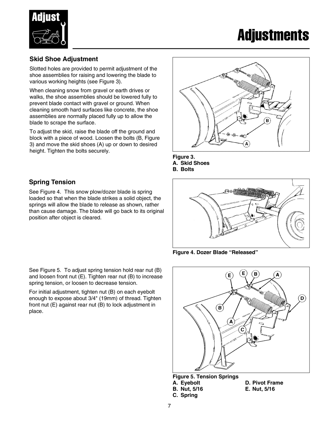 Snapper 1721303-01 manual Adjustments, Skid Shoe Adjustment, Spring Tension 