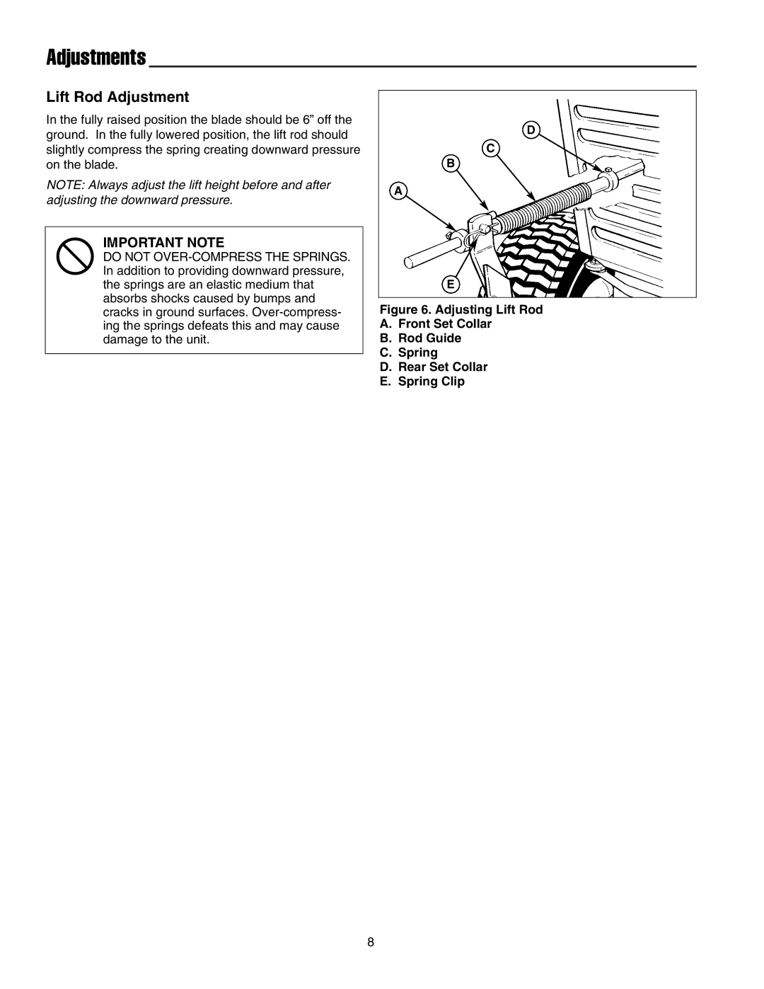 Snapper 1721303-01 manual Adjustments, Lift Rod Adjustment 