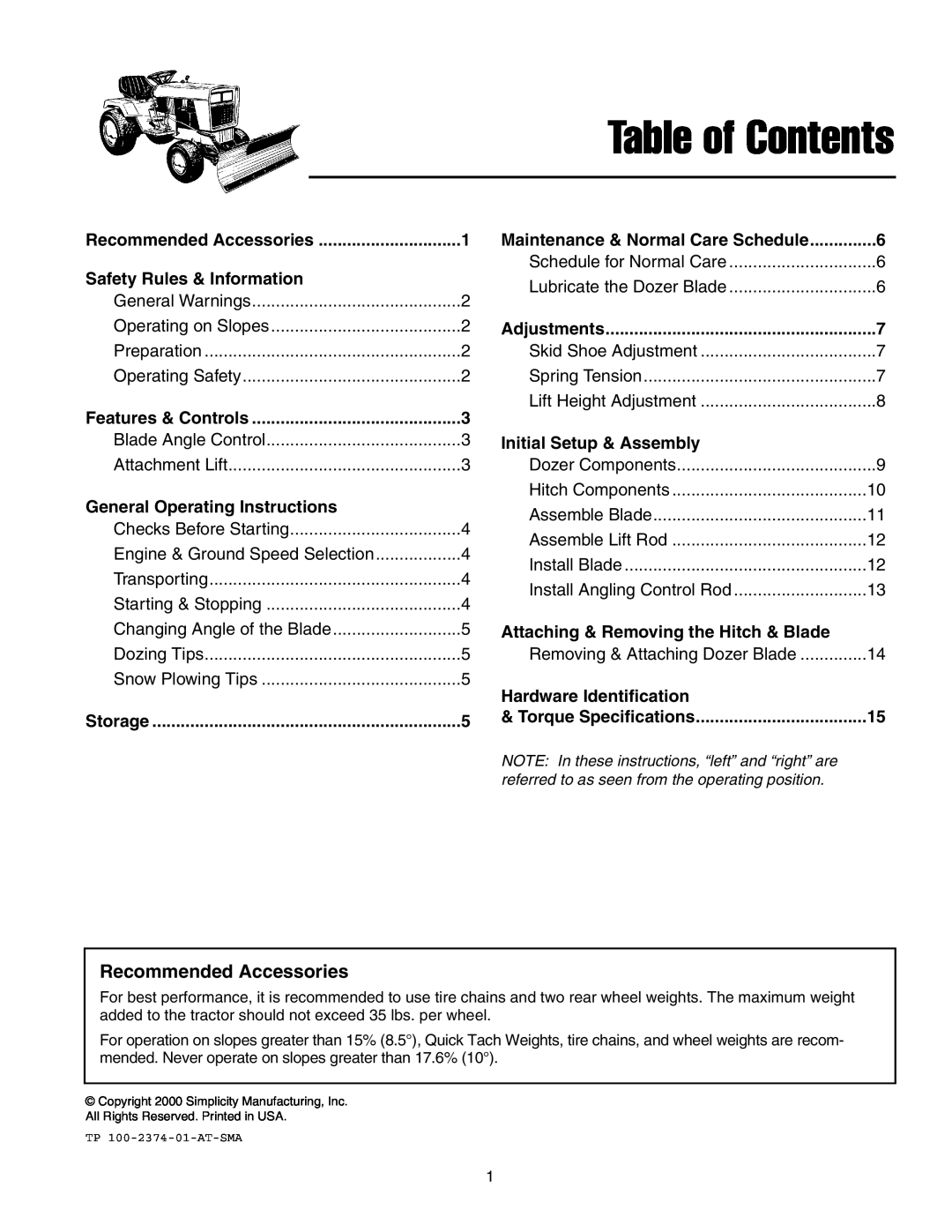 Snapper 1721303-01 manual Table of Contents, Recommended Accessories 