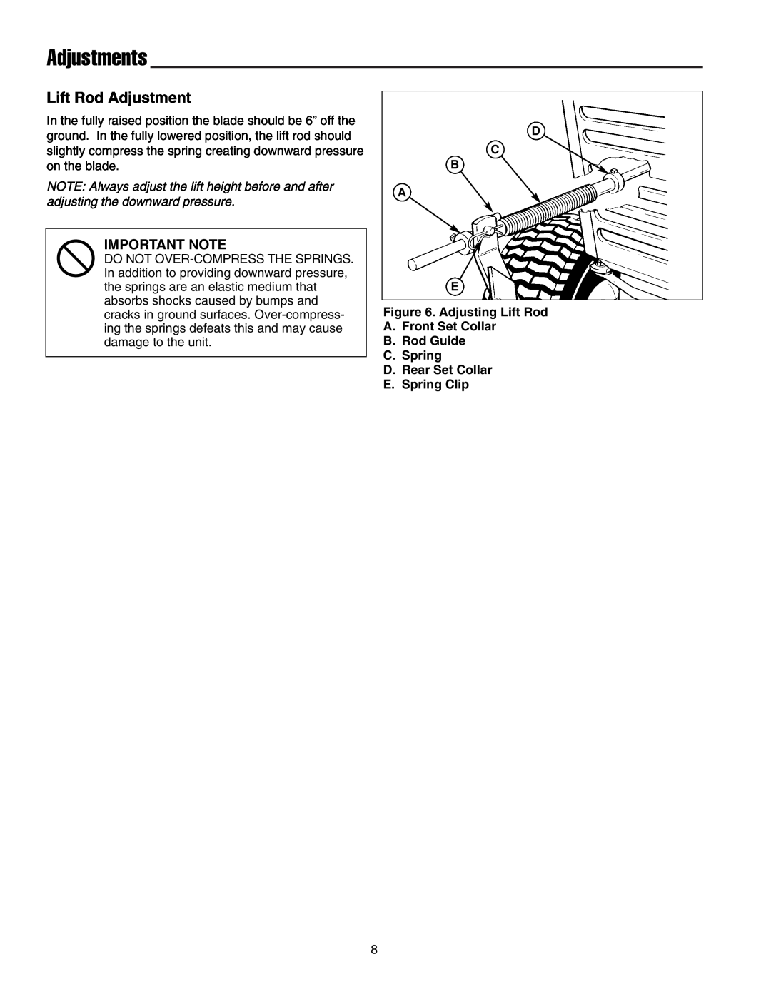 Snapper 1721303-01 manual Adjustments, Lift Rod Adjustment 