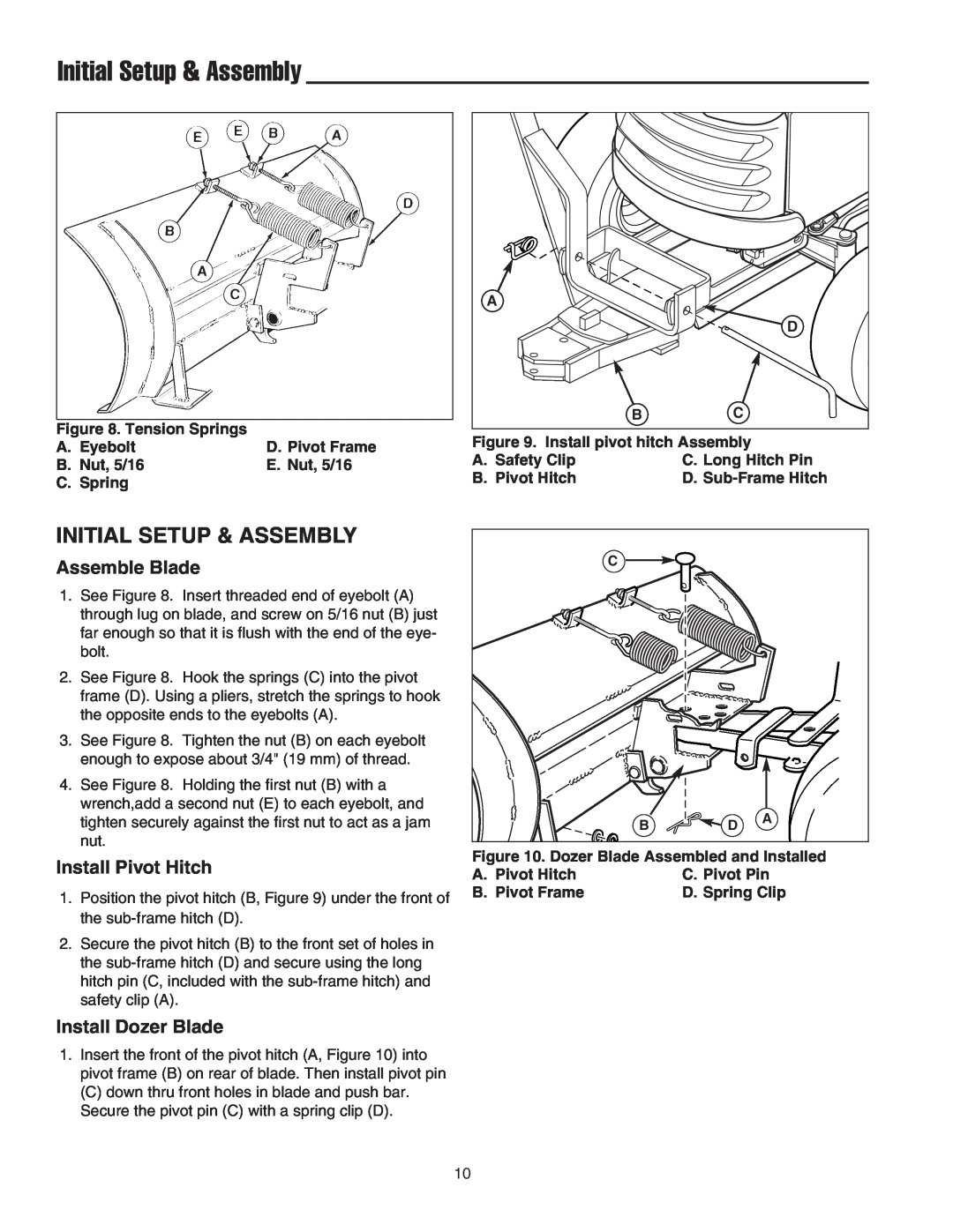 Snapper 1694147, 1723445-02 manual Initial Setup & Assembly, Assemble Blade, Install Pivot Hitch, Install Dozer Blade 