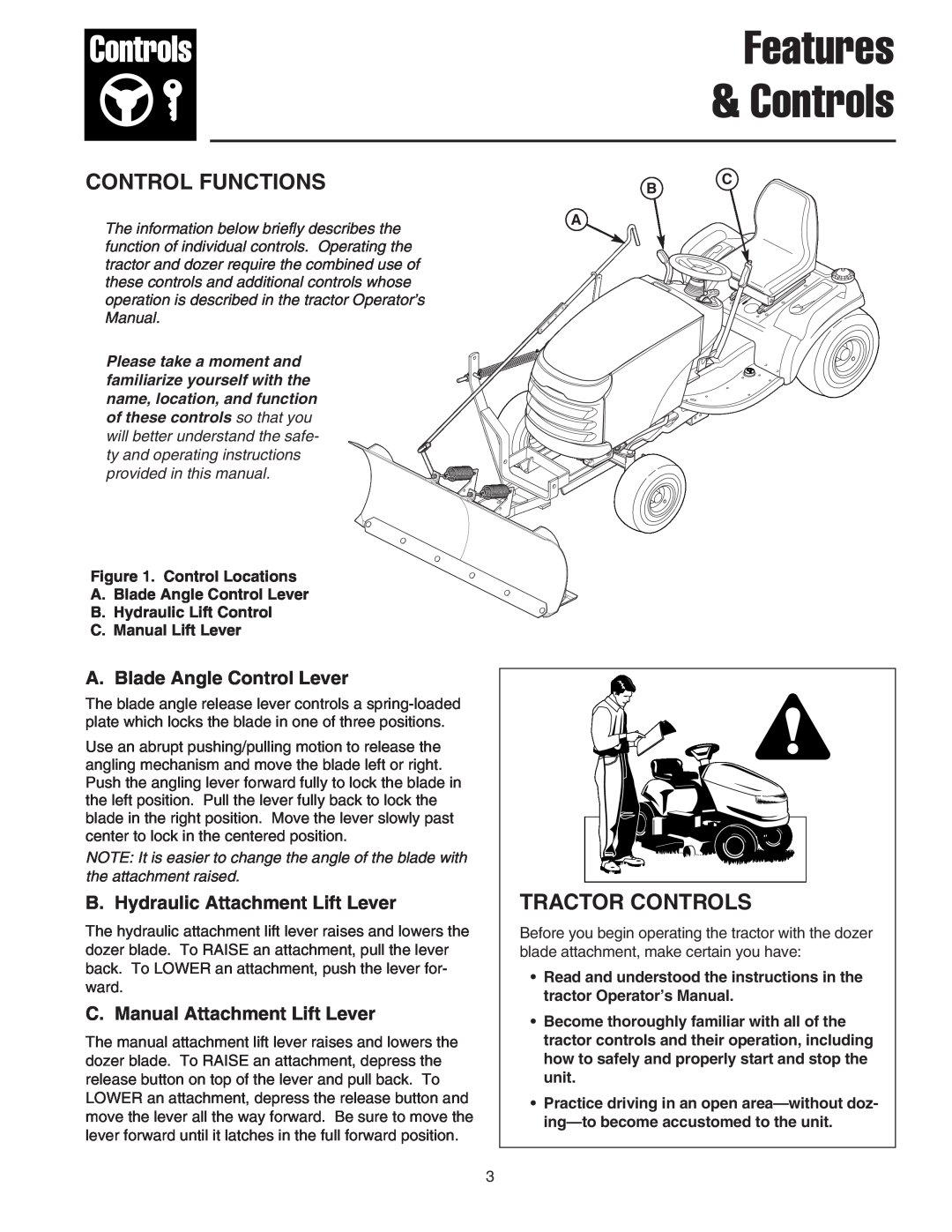 Snapper 1723445-02 Control Functions, Tractor Controls, A. Blade Angle Control Lever, B. Hydraulic Attachment Lift Lever 