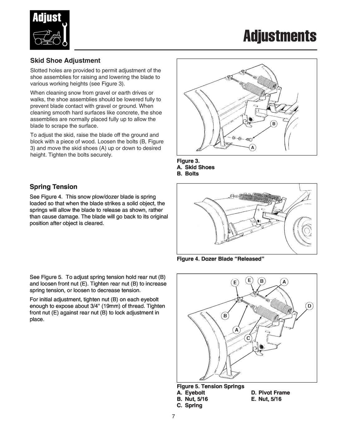 Snapper 1723445-02, 1694147 manual Adjustments, Skid Shoe Adjustment, Spring Tension 