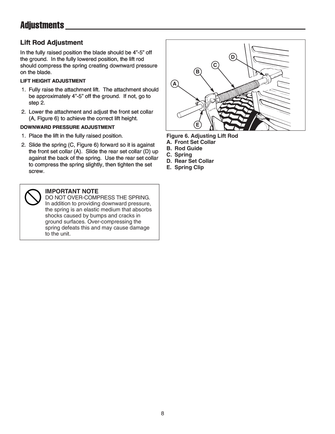 Snapper 1694147, 1723445-02 manual Adjustments, Lift Rod Adjustment, Important Note 