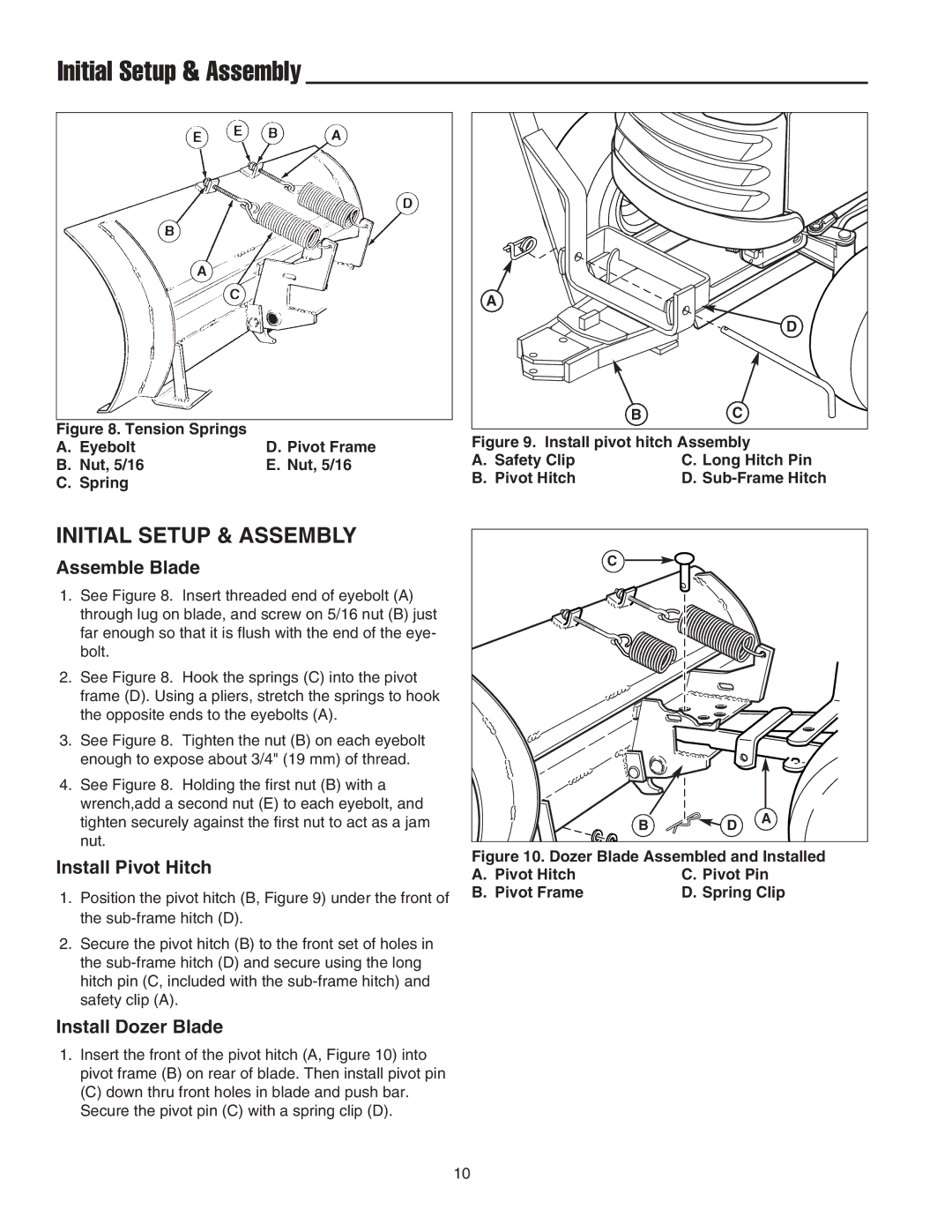 Snapper 1694147, 1723445-02 manual Initial Setup & Assembly, Assemble Blade, Install Pivot Hitch, Install Dozer Blade 