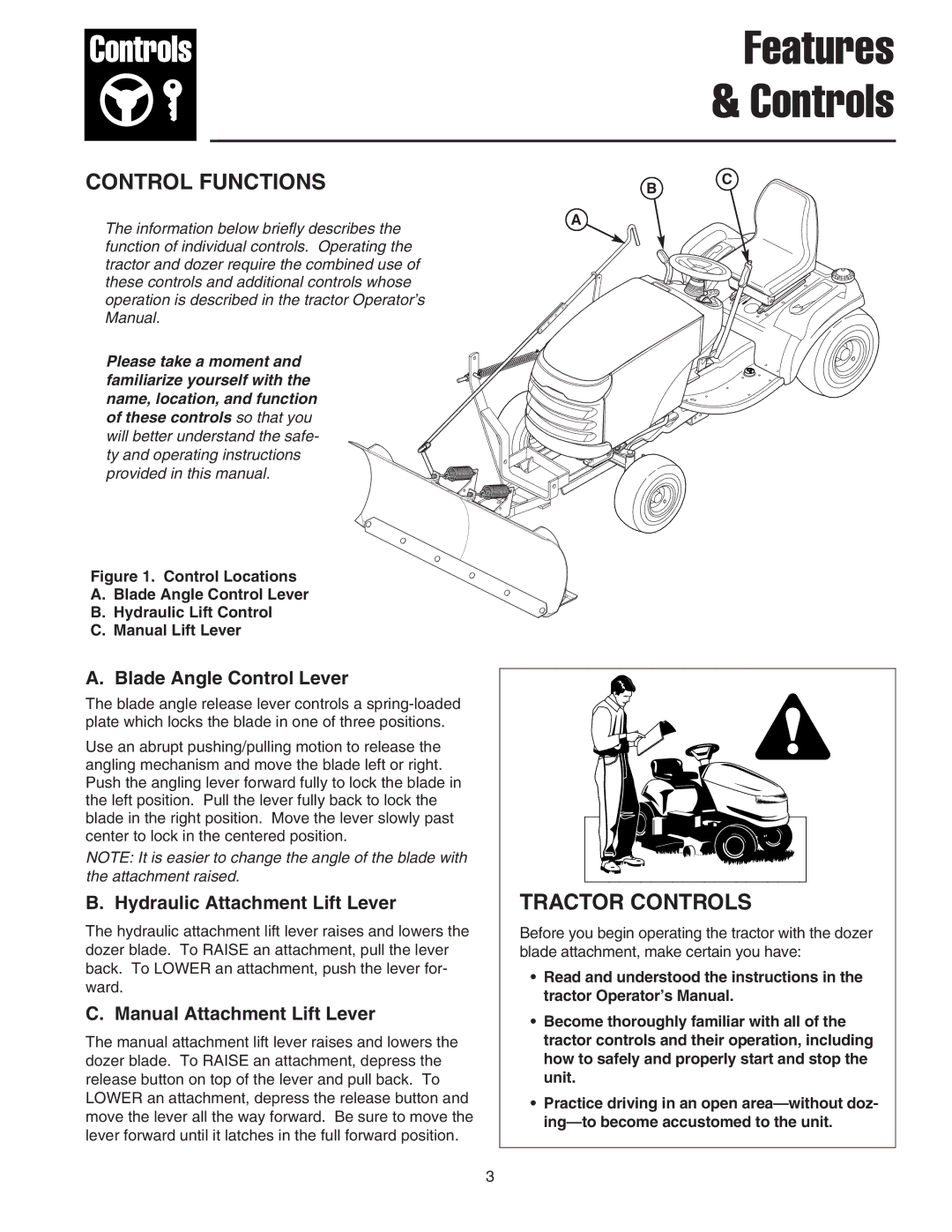 Snapper 1723445-02 manual Control Functions, Tractor Controls, Blade Angle Control Lever, Hydraulic Attachment Lift Lever 