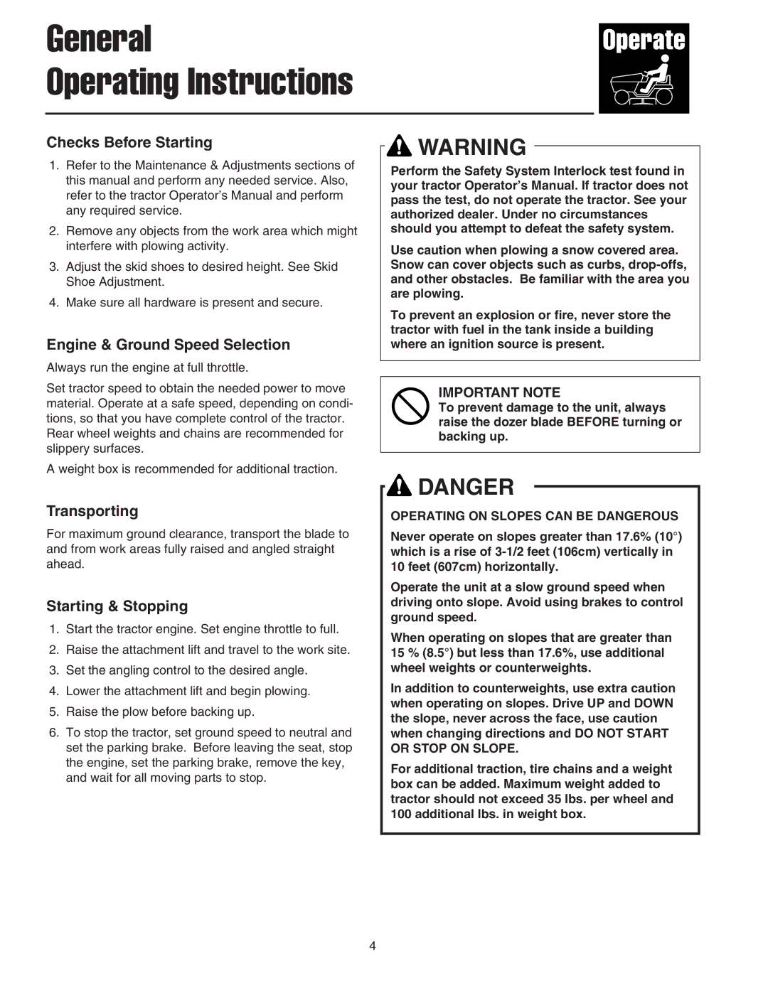 Snapper 1694147 General Operating Instructions, Checks Before Starting, Engine & Ground Speed Selection, Transporting 