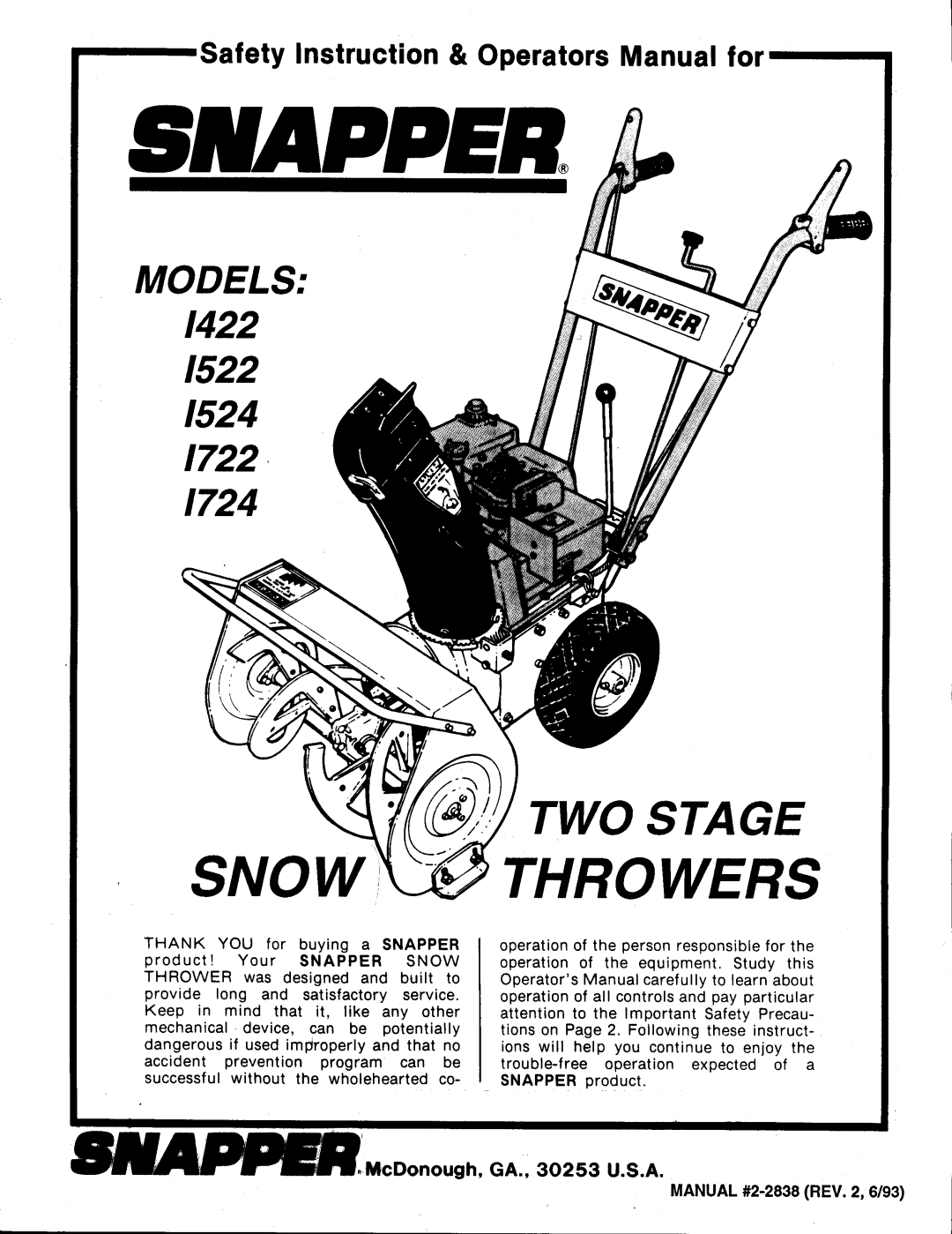 Snapper 1722, 1724, 1524, 1422, 1522 manual 