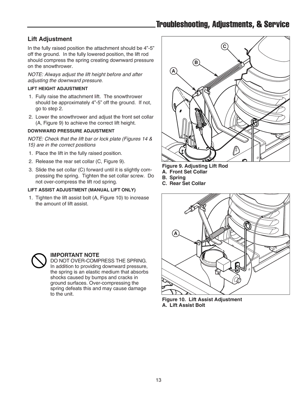 Snapper 1694874, 1724089, 1695099, 1694238 manual Troubleshooting, Adjustments, & Service, Lift Adjustment 