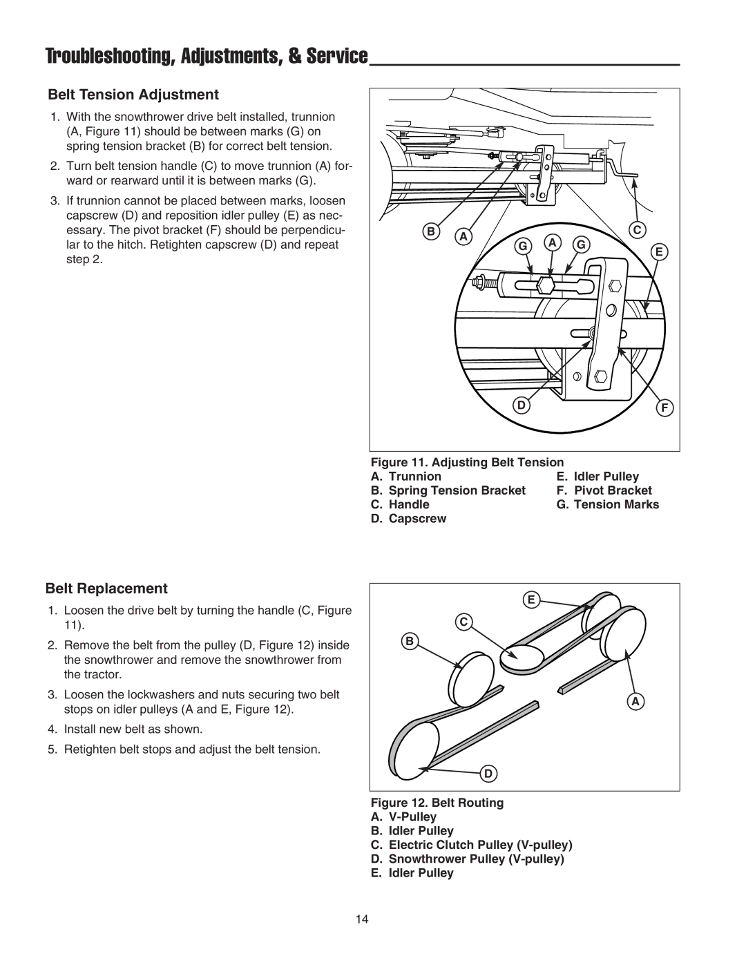 Snapper 1724089, 1695099, 1694238 manual Troubleshooting, Adjustments, & Service, Belt Tension Adjustment, Belt Replacement 