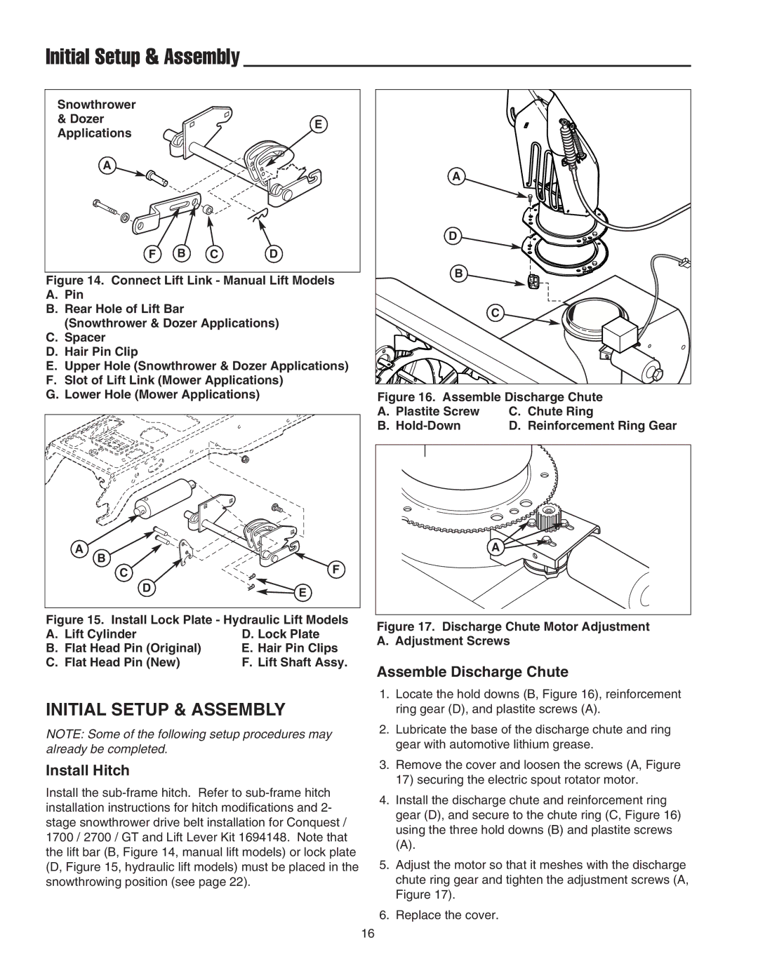 Snapper 1694238, 1724089, 1695099, 1694874 manual Initial Setup & Assembly, Install Hitch, Assemble Discharge Chute 