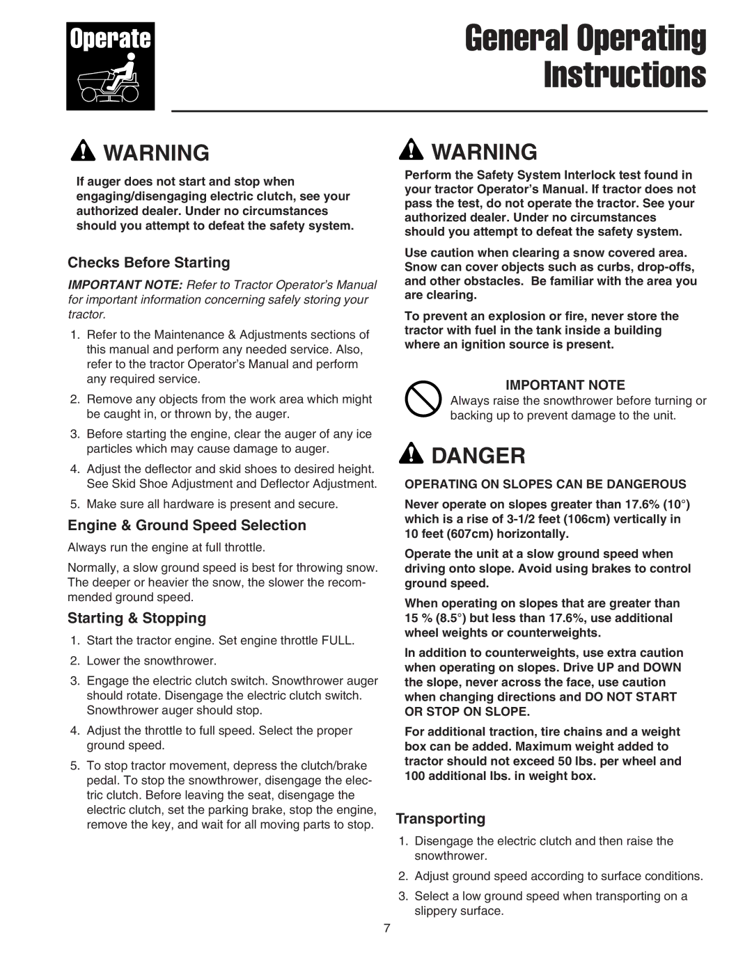 Snapper 1695099 General Operating Instructions, Checks Before Starting, Engine & Ground Speed Selection, Transporting 