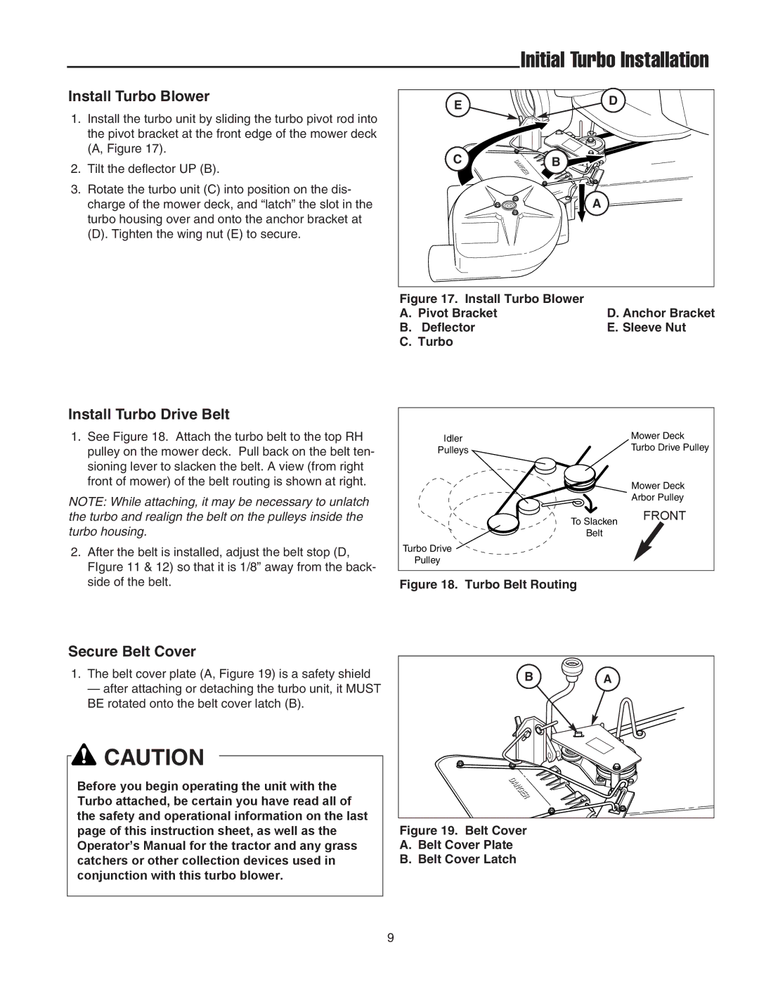 Snapper 1726794 manual Install Turbo Blower, Install Turbo Drive Belt, Secure Belt Cover 