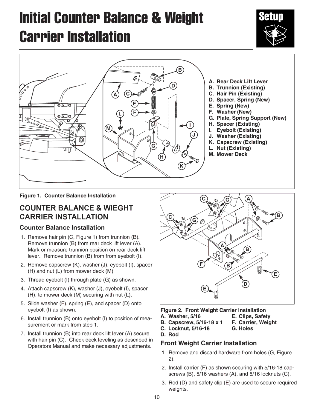 Snapper 1726794 manual Initial Counter Balance & Weight Carrier Installation, Front Weight Carrier Installation 