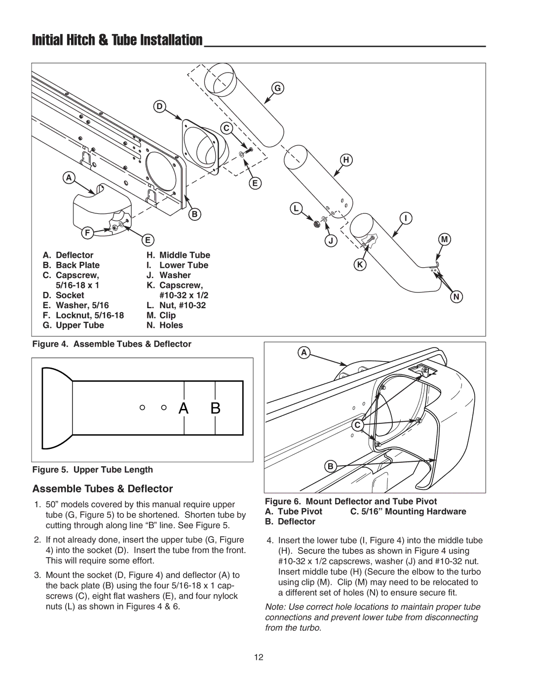 Snapper 1726794 manual Initial Hitch & Tube Installation, Assemble Tubes & Deflector 