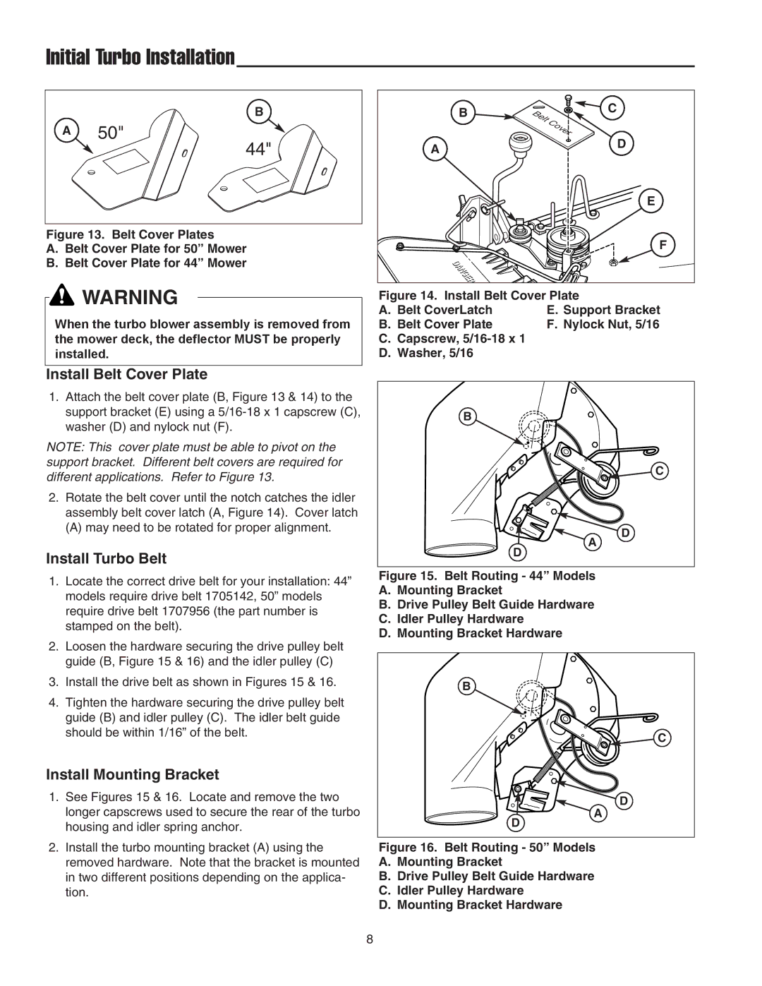 Snapper 1726794 manual Install Belt Cover Plate, Install Turbo Belt, Install Mounting Bracket 