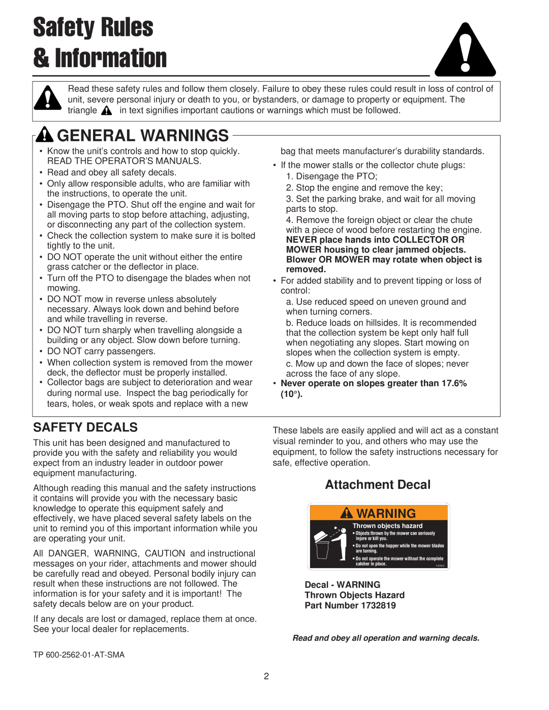 Snapper 1733729, 1695168 manual Safety Rules Information, Attachment Decal 