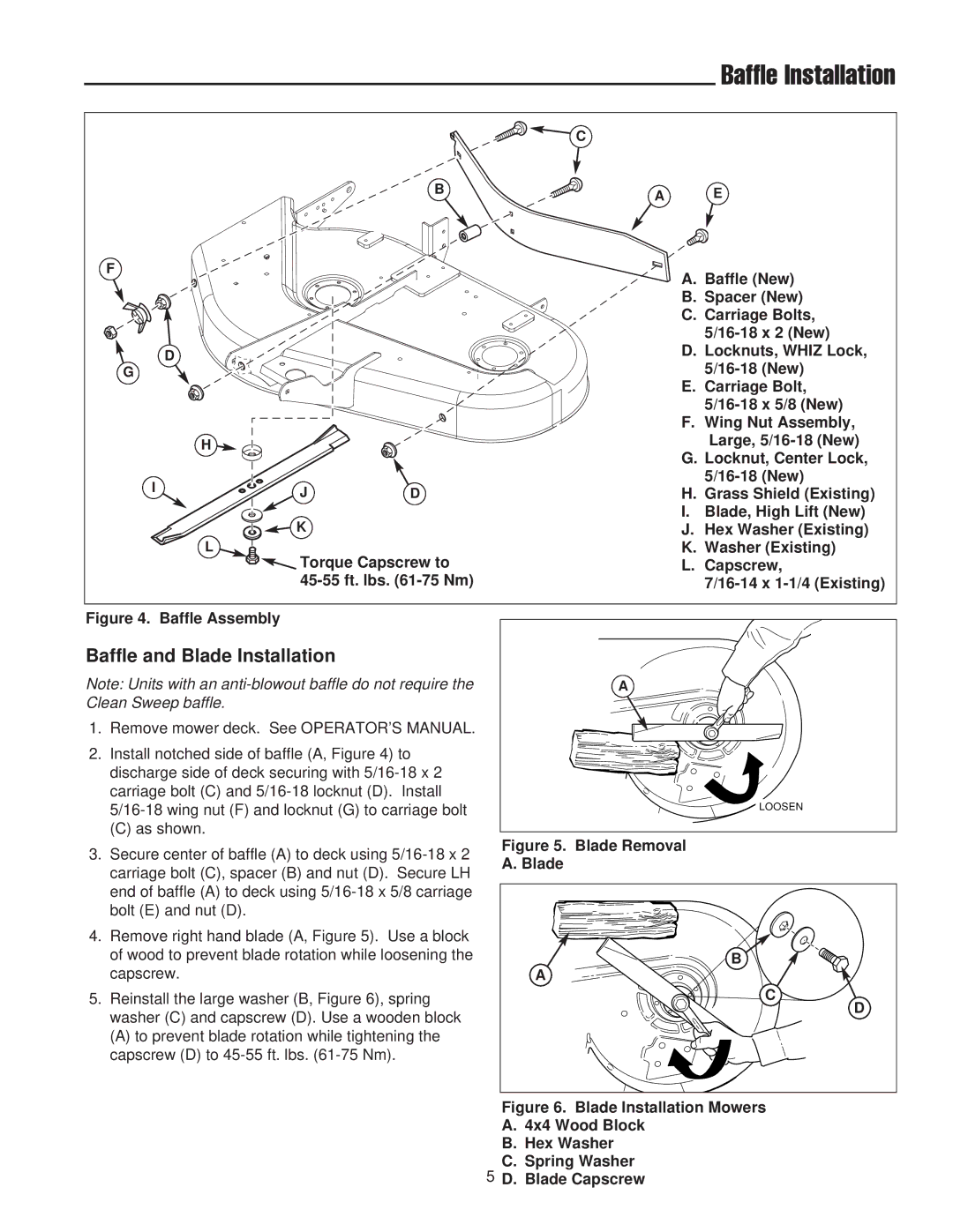 Snapper 1695168, 1733729 manual Baffle Installation, Baffle and Blade Installation 